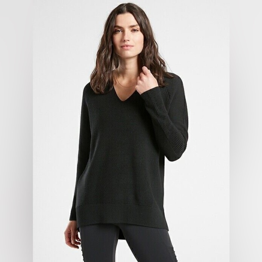 Athleta Sweater Women's XS Black Hanover V-Neck Sweater Ribbed Merino Wool Blend